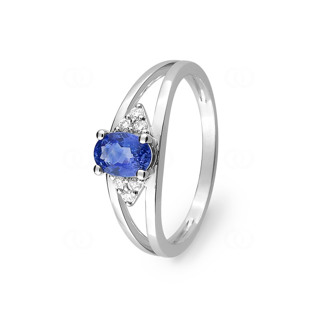 Damenring 750/18 K Weissgold mit Saphir oval & Diamanten 0.08ct.