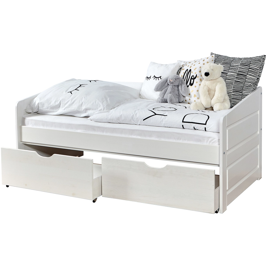TiCAA Sofabett Mini Micki Buche weiß mit 2 Schubladen inkl. Matratze