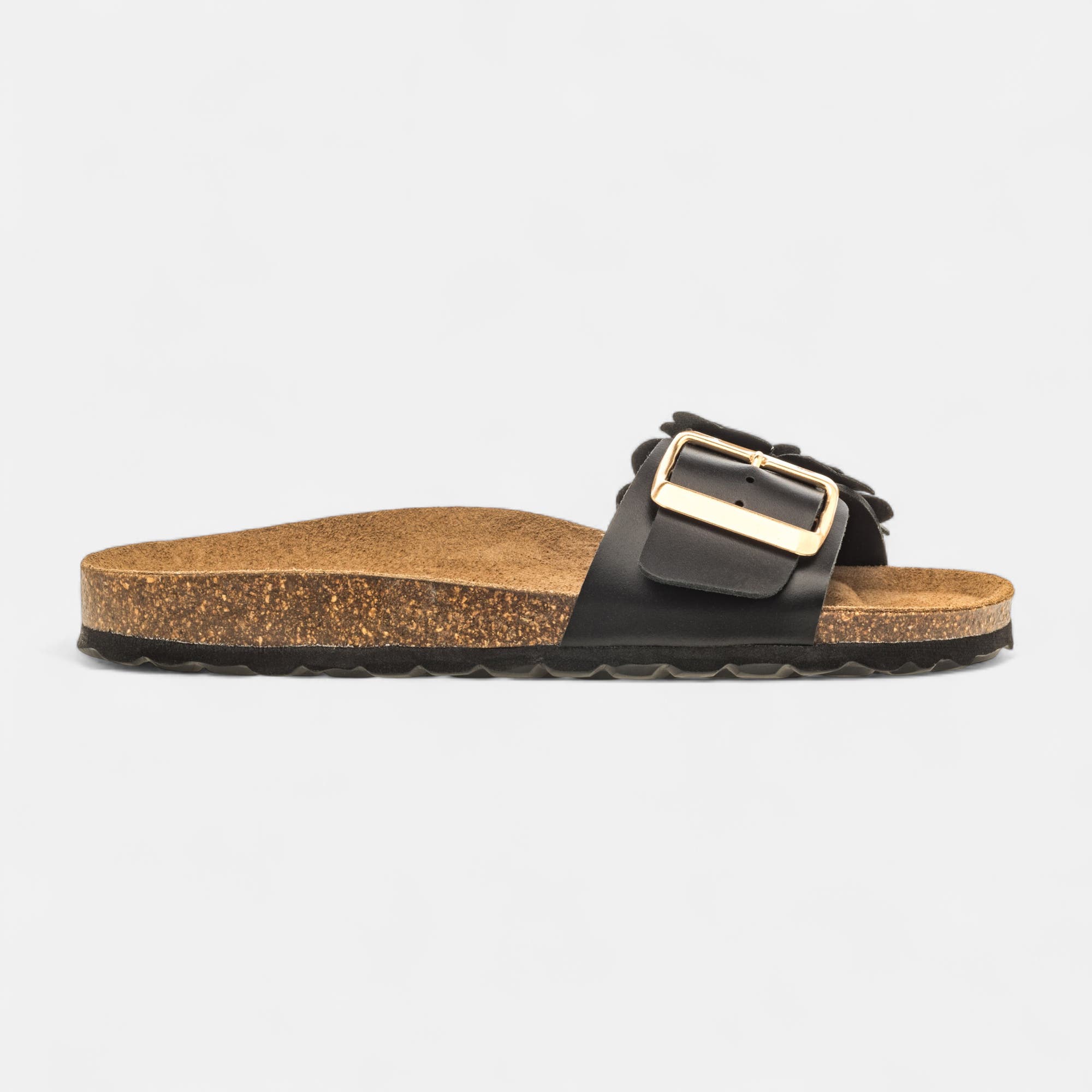 Mules semelle liège Femme en cuir noir