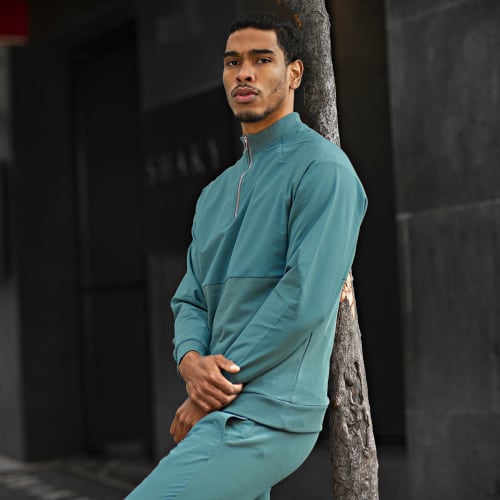 Ensemble Sweat A Col Zippé Et Pantalon Jogging LL497 Vert Bleu