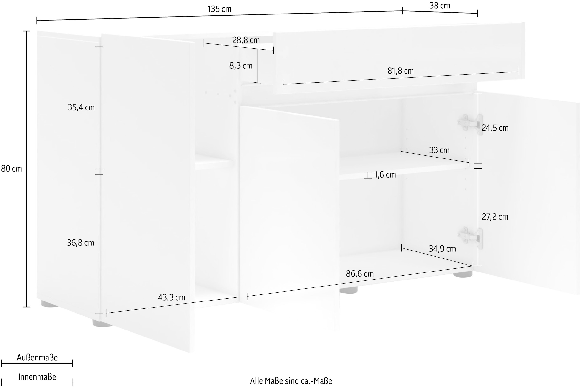 INOSIGN Sideboard »Mister« Kommode, komplett Hochglanz Lackiert, B/H 135x80cm