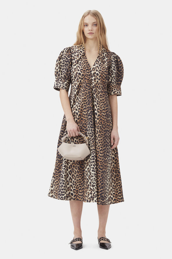 Ganni Printed Cotton Poplin V-neck Long D Leopard