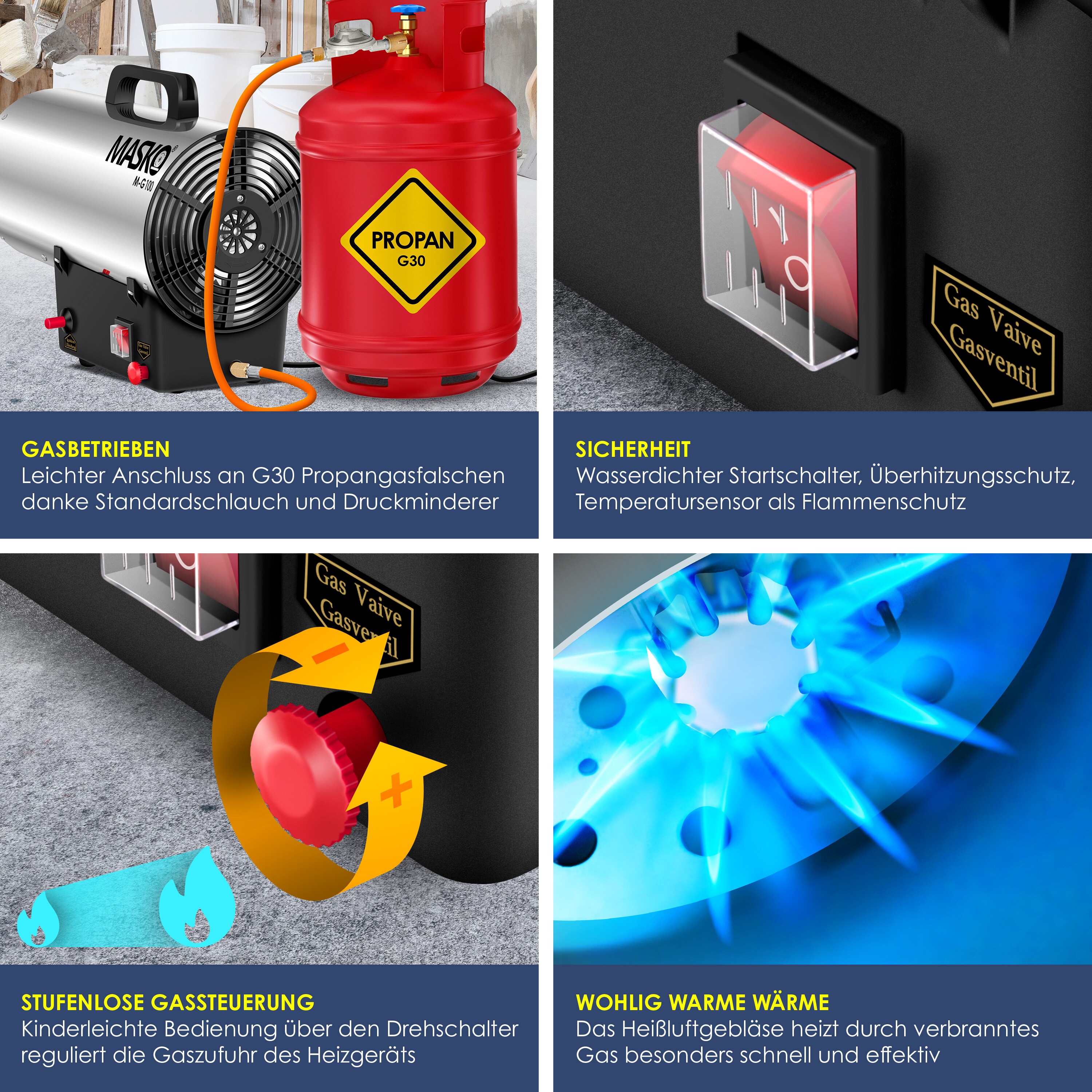 MASKO® Gasheizgebläse Gasheizer Heizkanone Gasheizstrahler Bauheizer Gas Heizgerät heizstrahler Heißluftgenerator inkl. Gasschlauch & Druckminderer Heizgebläse für handelsübliche Gasflaschen