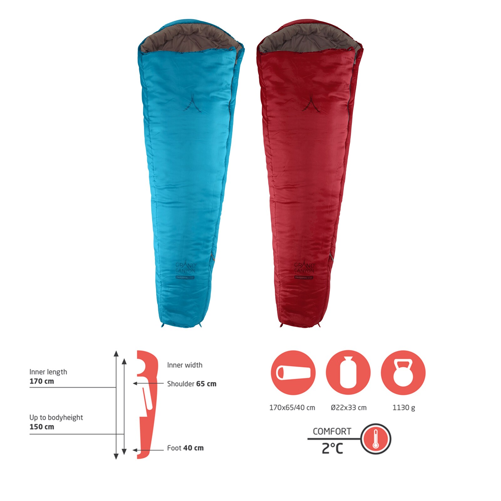 GRAND CANYON Kinderschlafsack Fairbanks 150 Kids Mumien Jugend Schlafsack +2°C Farbe: Red Dahlia