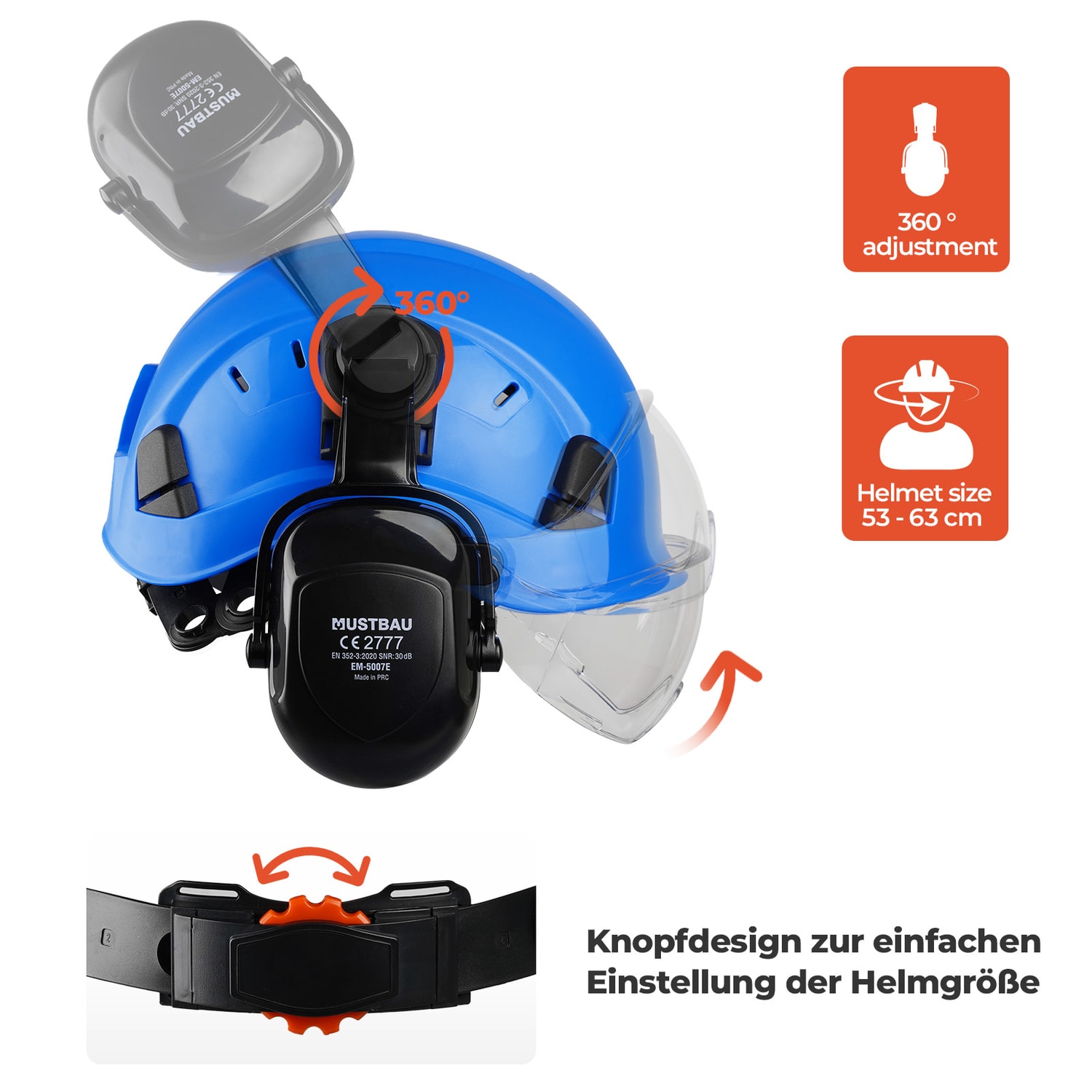 Mustbau Sicherheitshelm-Set, EN397 Schutzhelm mit Ohr- und Gesichtsschutz, verstellbares Kopfband von 53 bis 63 cm, strapazierfähiges ABS-Material