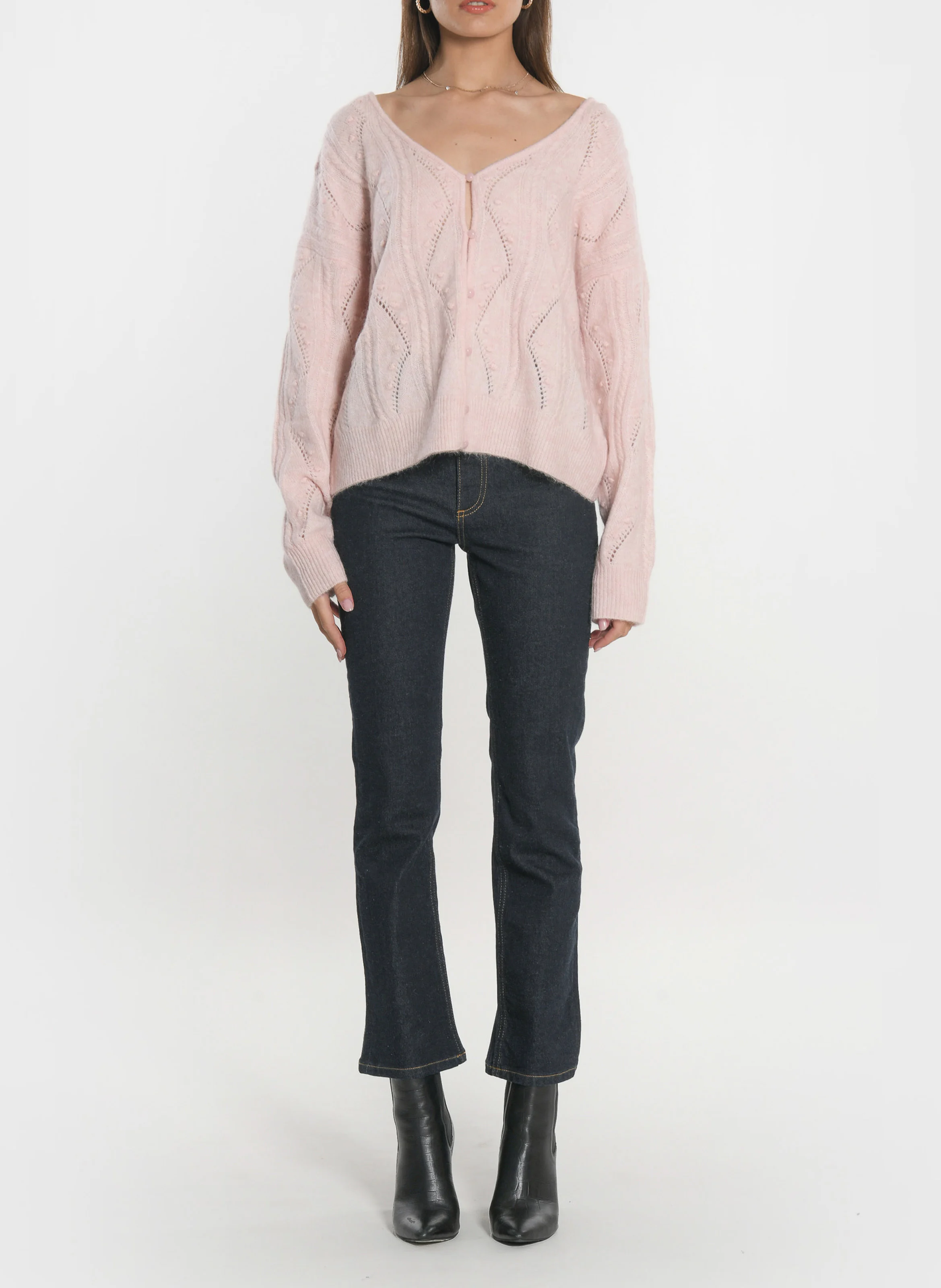 MONICA - Gilet maille fantaisie en laine | Rose