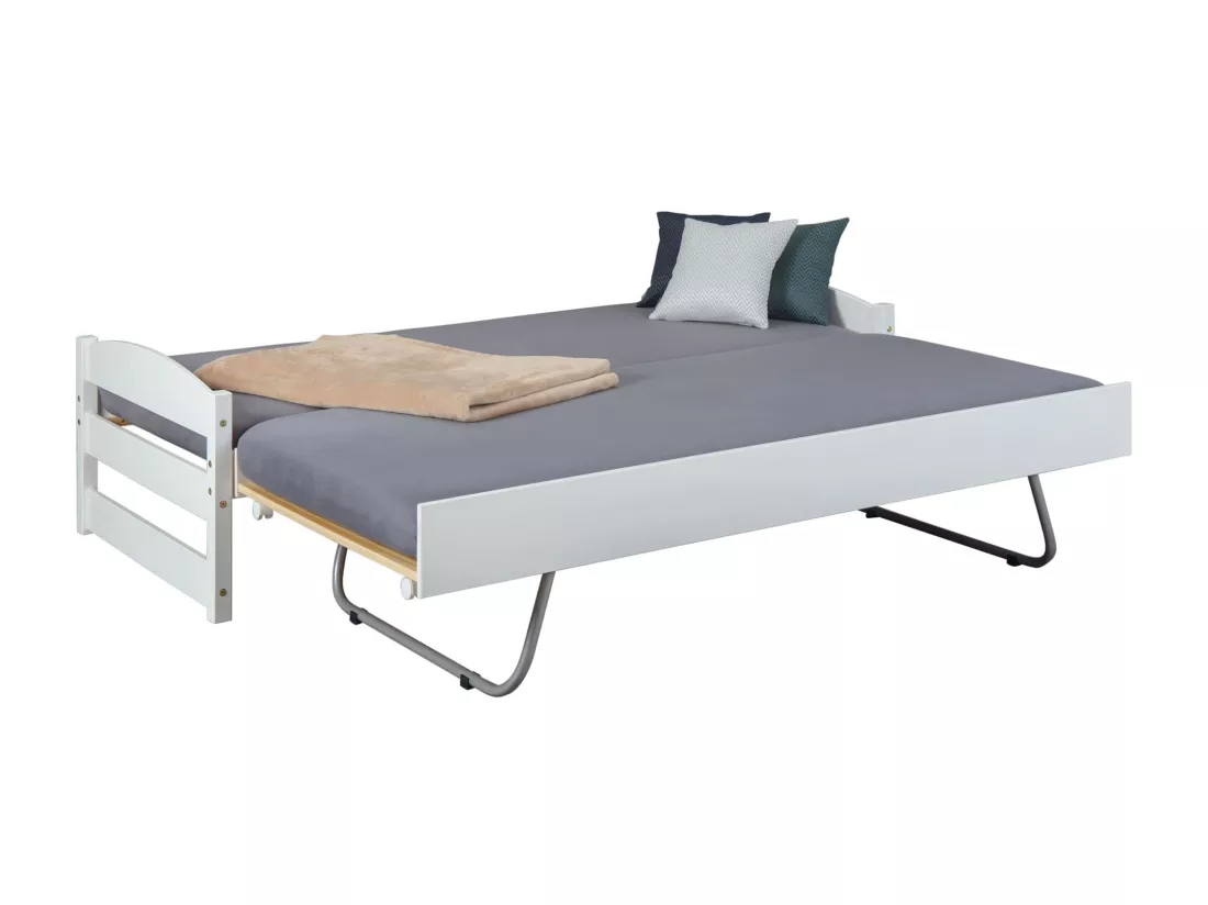 Lit gigogne relevable en bois massif blanc 90x200 - LT12009