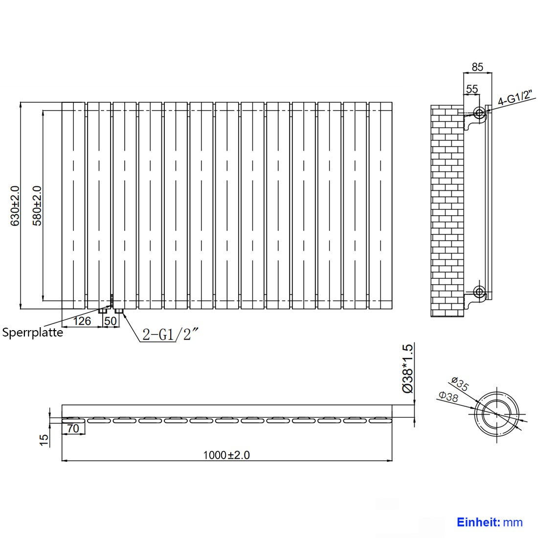 EMKE Flat Radiator, Design Paneelradiator, Horizontaal, Enkellaags, Zijaansluiting, 63x100cm, 730W, Wit