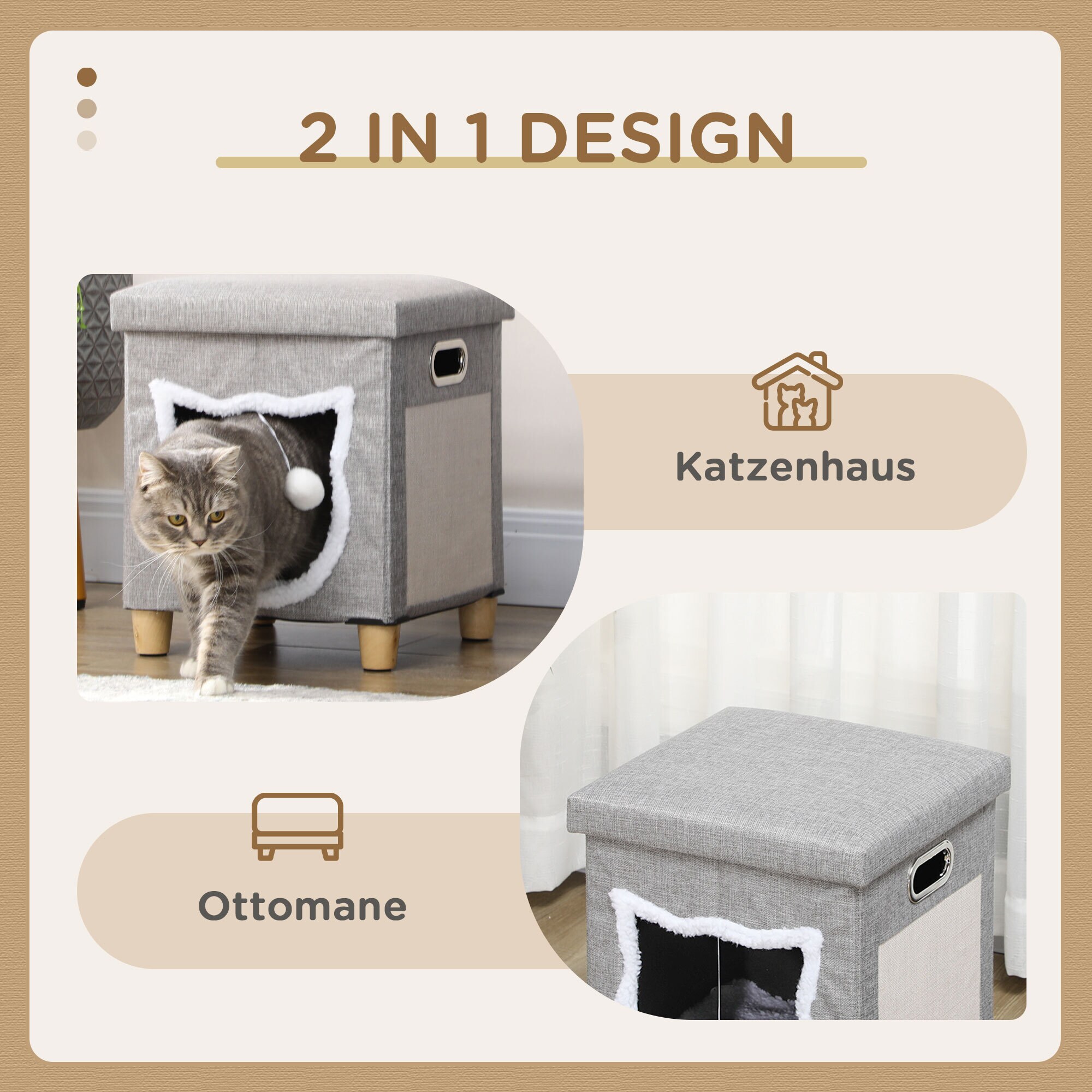 PawHut Katzenhaus mit Kissen und Spielball grau 35,5L x 35,5B x 42,5H cm
