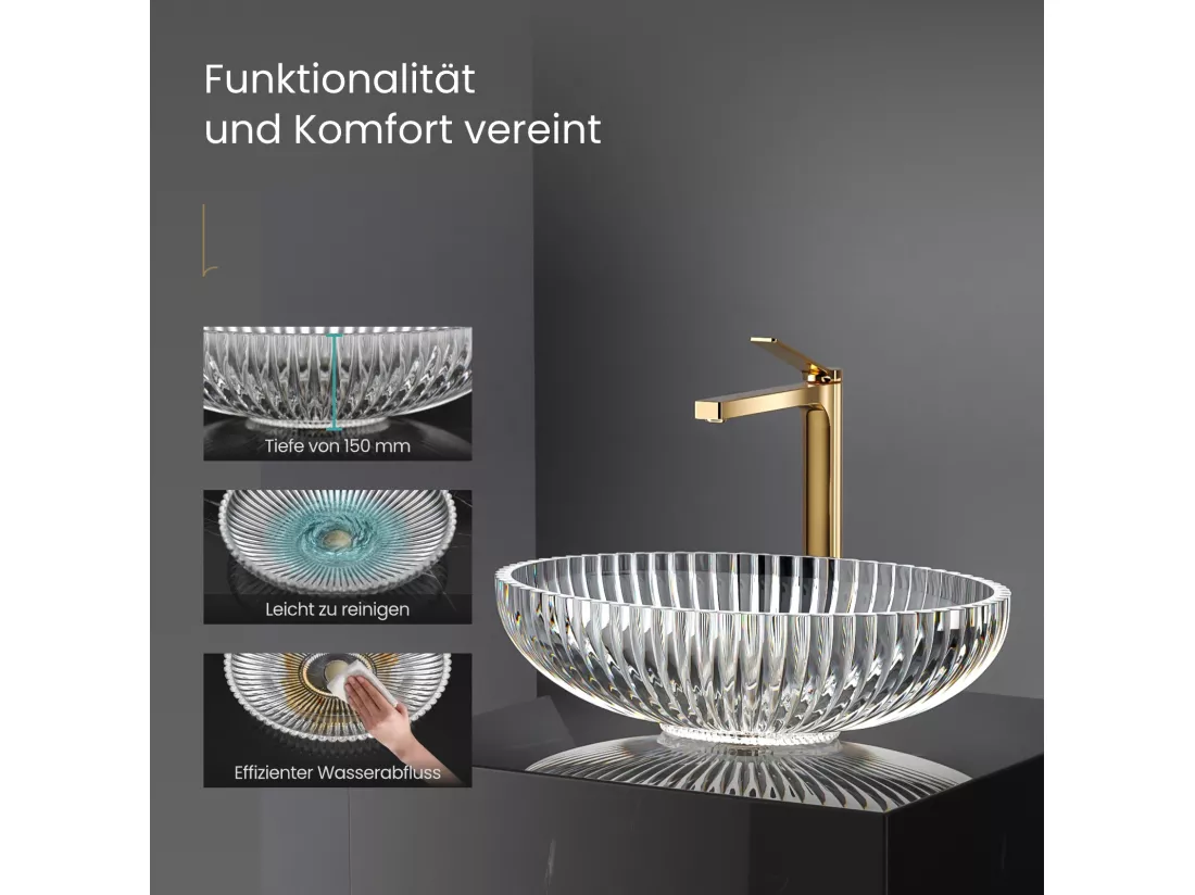 EMKE Vasque à Poser Ovale, 510 x 350 x 150 mm, Lavabo en Verre Transparent, Design Montage sur Comptoir