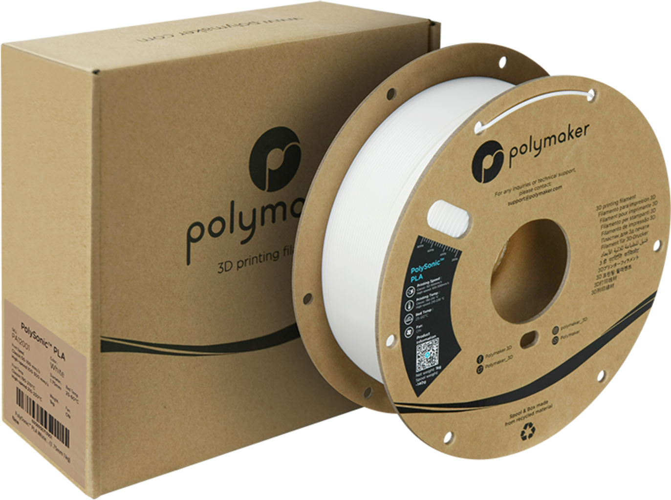 Polymaker  PolySonic PLA White, 1,75 mm / 1000 g    Innovatives Filament für Hochgeschwindigkeitsdrucke
