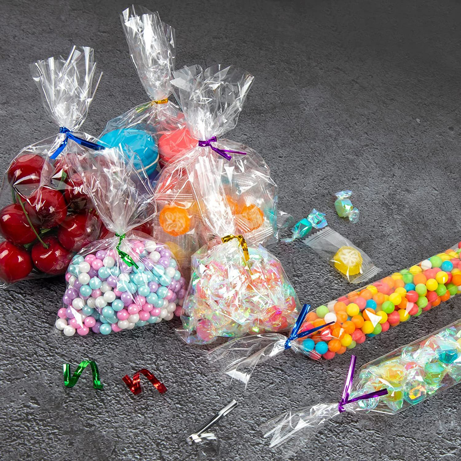 (100er Set) 16x24cm Geschenk Tüten Candy Gift Cellophan Beutel inkl. Zug Schleifen