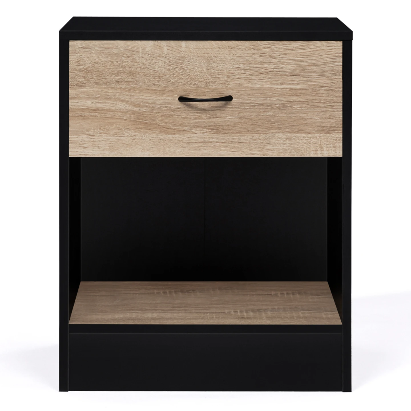 Lot de 2 tables de chevet OLGA 1 tiroir avec niche bois noir et tiroir façon hêtre