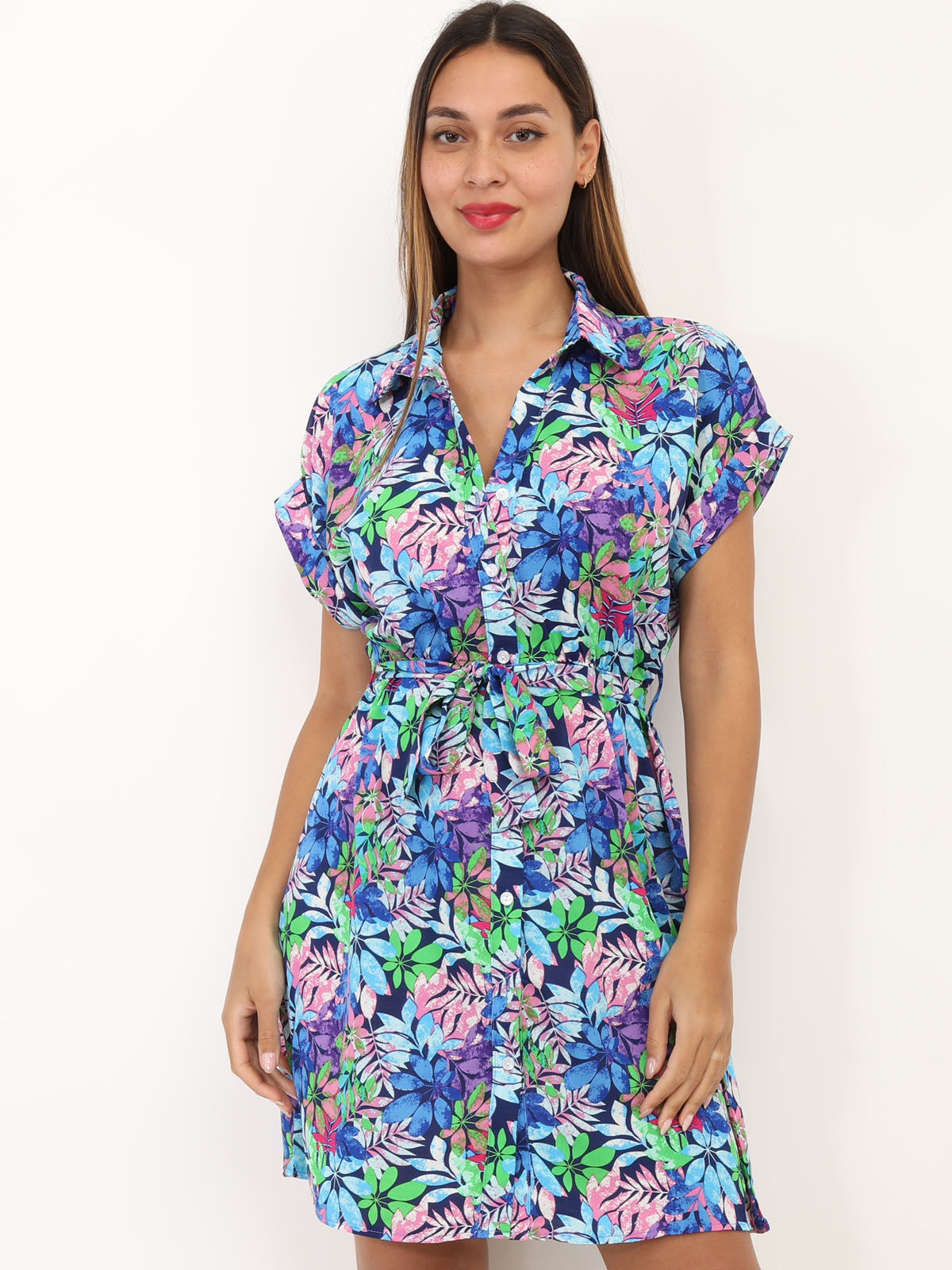 Robe à motif feuilles colorées- Bleu