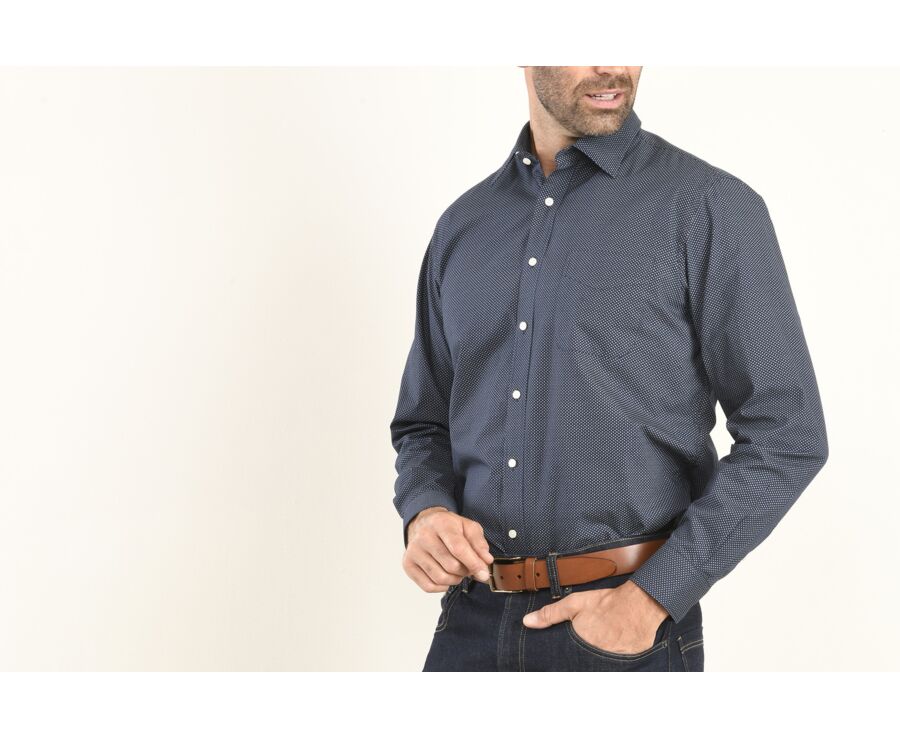 Chemise coton imprimée navy motif beige - Poche poitrine - ALBÉRIC