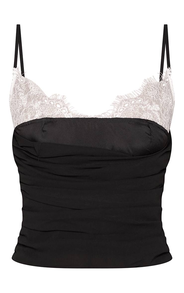 Noir Top Caraco Froncé En Mousseline Avec Détail D'insert En Dentelle