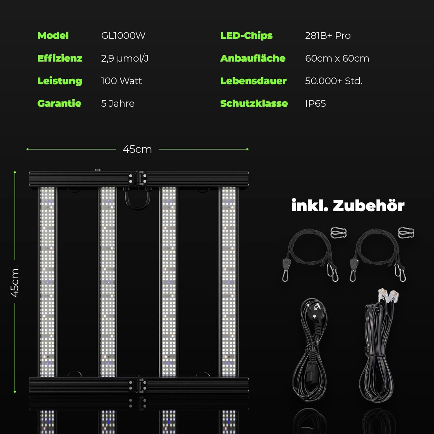 ProLine GL1000W Vollspektrum LED Grow Light Pflanzenlampe mit LED Technologie Pflanzenlicht dimmbar mit 5 Jahre Herstellergarantie