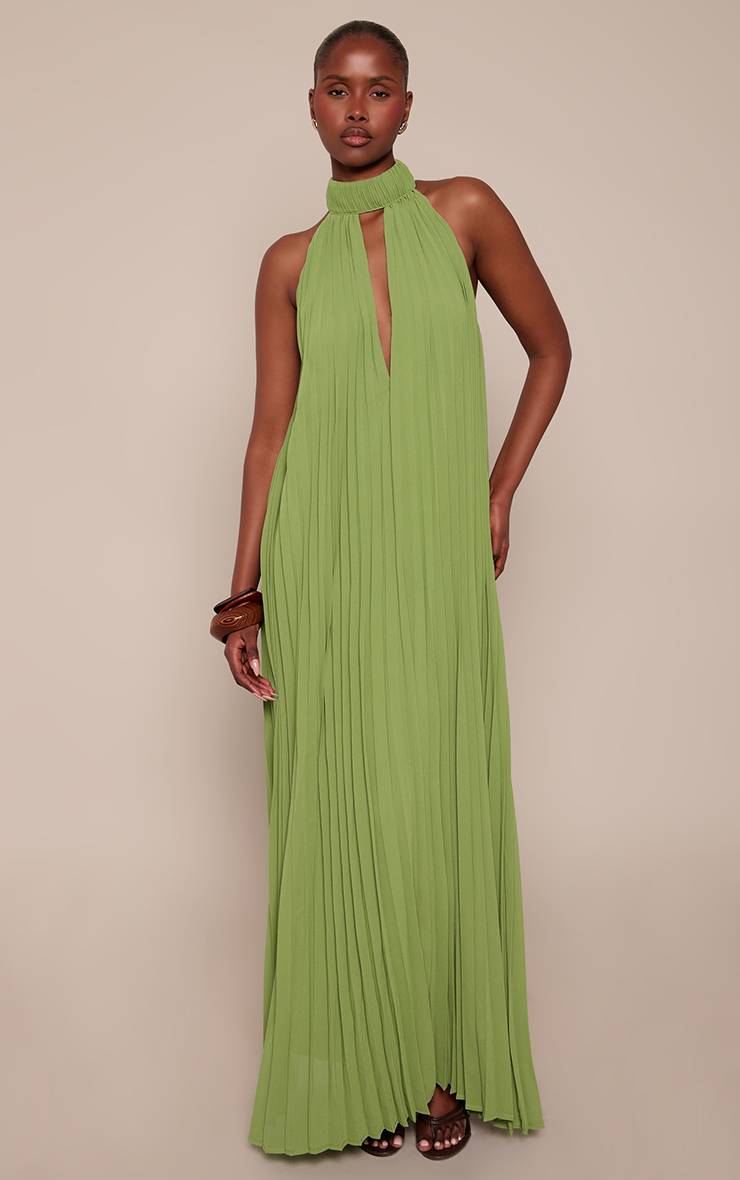 Lime Green Robe Maxi Plissée À Col Montant