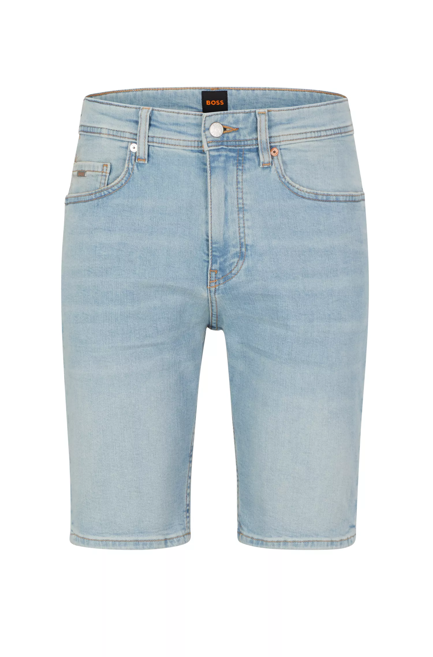Shorts BOSS laranja com modelagem afunilada em jeans elástico para maior conforto.