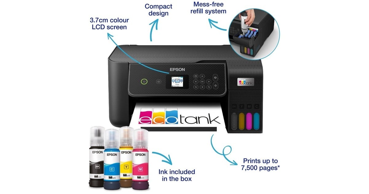 EpsonEcoTank ET-2871 A4 multifunctionele Wi-Fi-printer met inkttank all-in-one inkjetprinter  (Zwart, Scannen, Kopiëren, Wi-Fi, inclusief tot 3 jaar inkt)