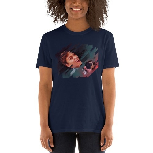Camiseta eletrônica feminina Mascochula personalizada com a foto do seu animal de estimação, azul marinho.