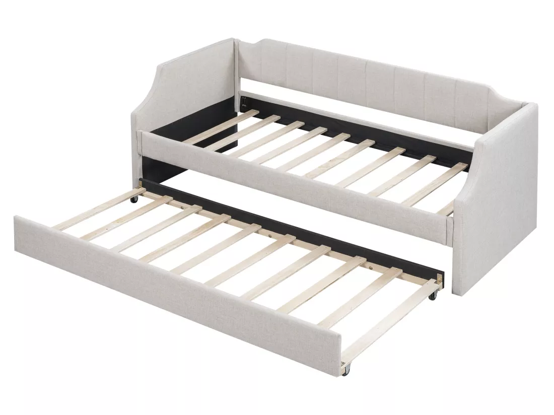 Lit gigogne 90x190/200cm en tissu de lin - avec sommier à lattes - Beige