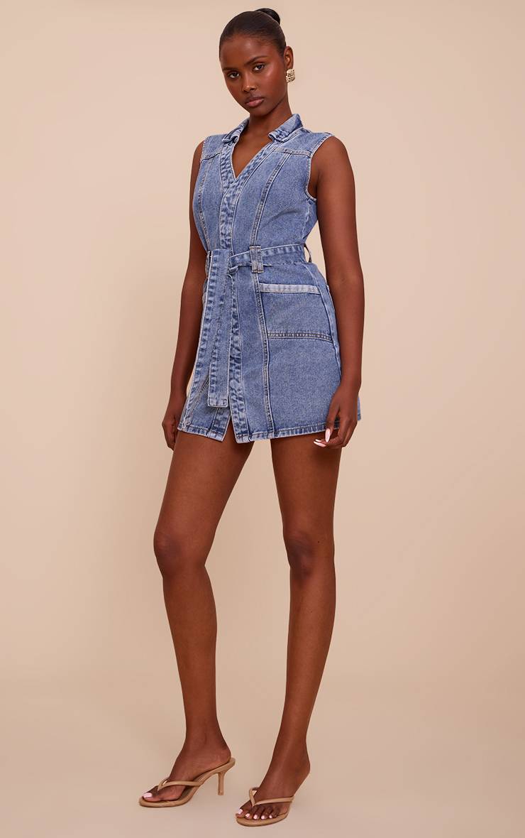Bleu Clair Robe En Jean Utilitaire Avec Ceinture À Nouer