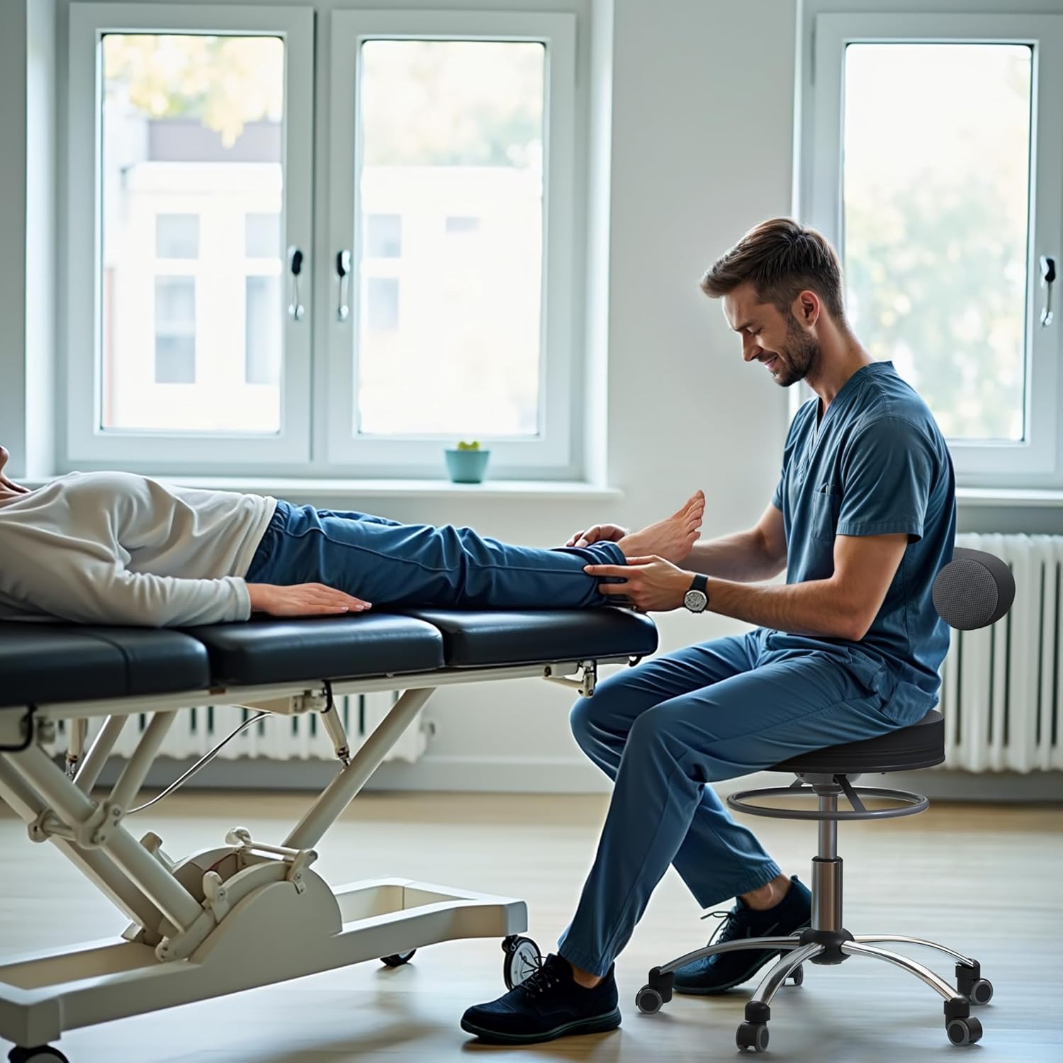 Sanus®-Gesundheitsstuhl | Rollhocker mit 360° Lehne, Fester Lehne, Sitzhöhe (42-51 cm), Stoffbezug rot/schwarz, Rollstopp-Rollen. Ergonomischer Bürostuhl, Erzieherstuhl