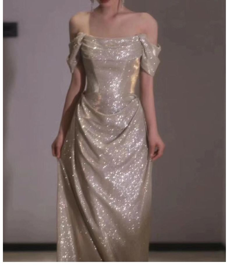 Wospe - Mouwloze off-shoulder effen glitter gerimpelde mantel avondjurk