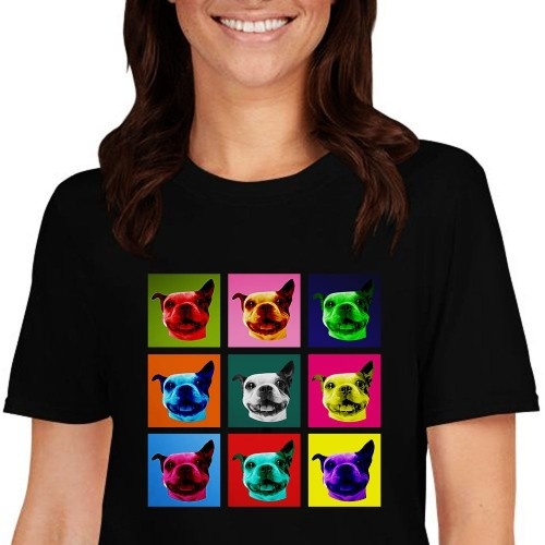 Camiseta feminina Mascochula, estilo Warhol, personalizada com seu animal de estimação, preta.