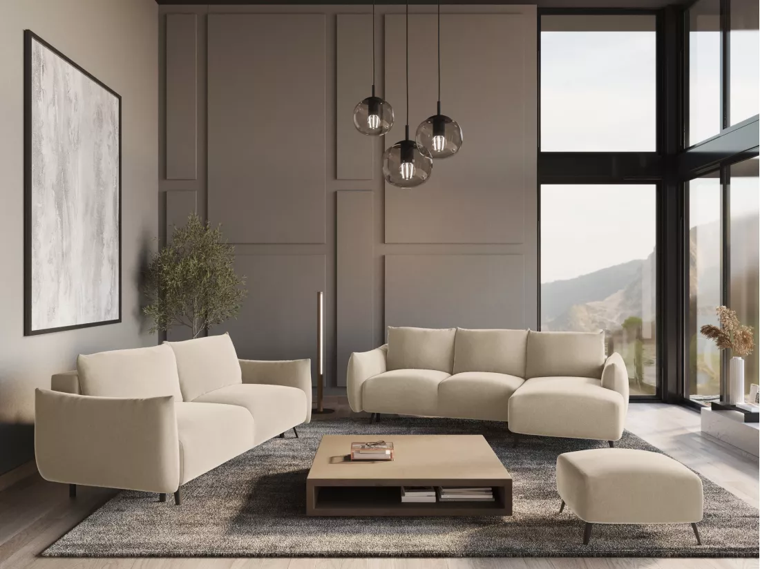 Canapé d'angle panoramique convertible en velours - beige clair - MALIE