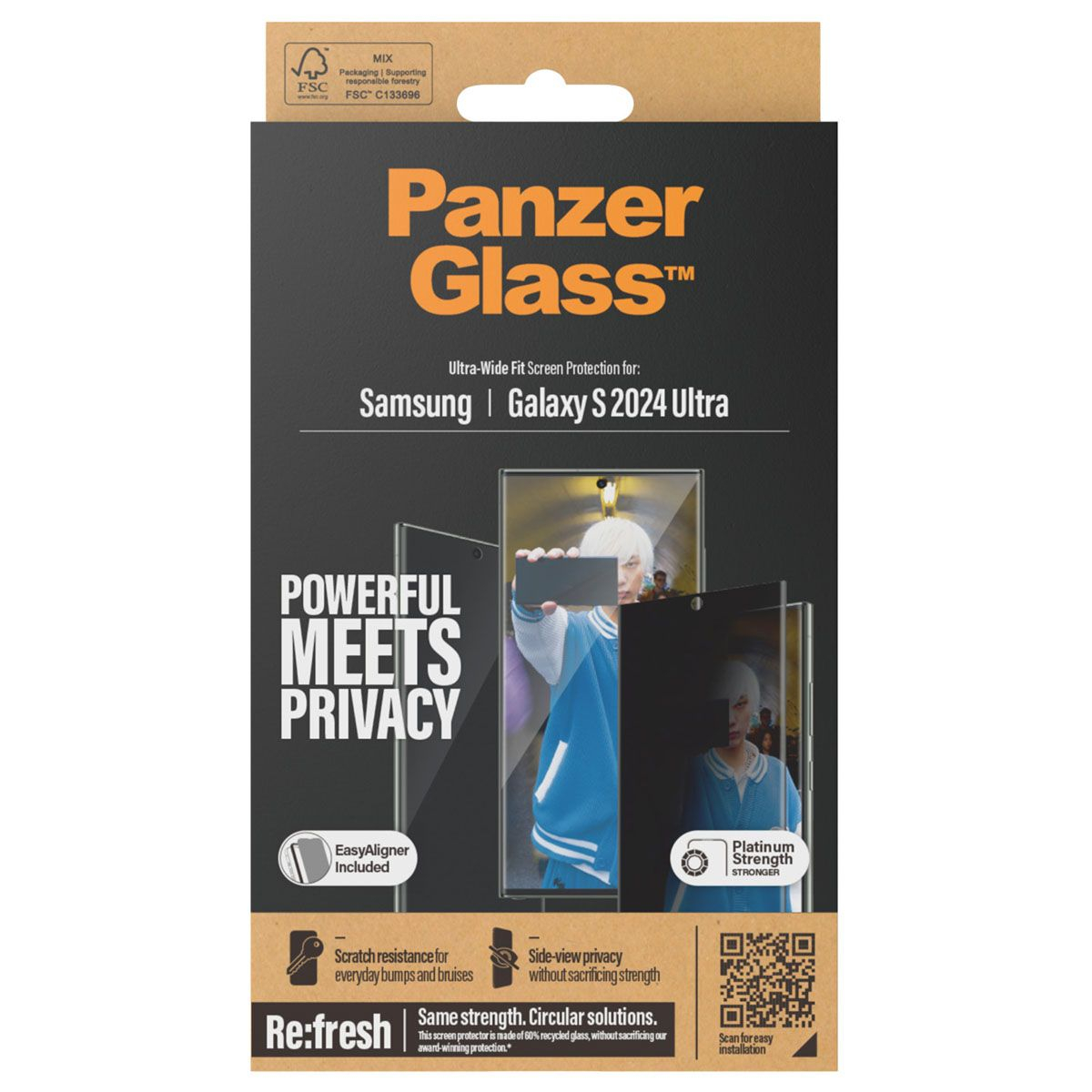 Samsung Galaxy S24 Ultra Antibakterielle Ultra Wide Fit Privacy Panzer Glas Displayschutz mit Montagerahmen Recycled (P7352)