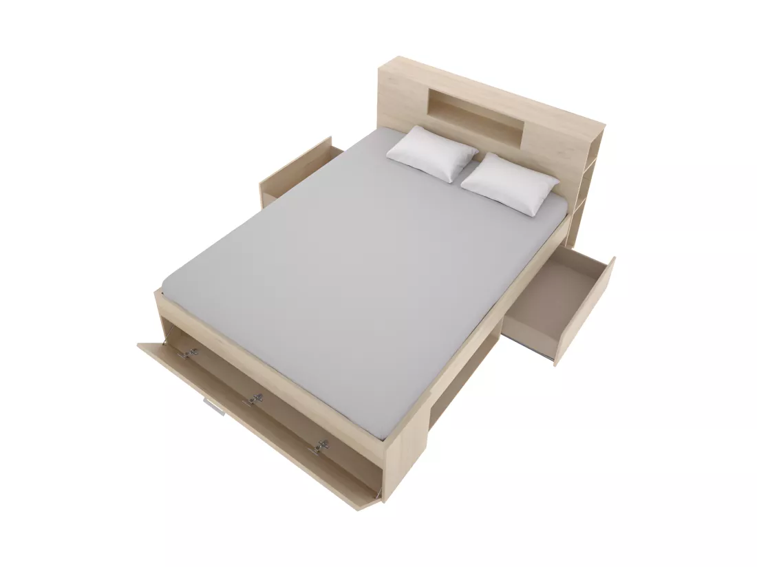 Lit avec tête de lit rangements et tiroirs - 160 x 200 cm - Coloris : Naturel + Sommier - LEANDRE