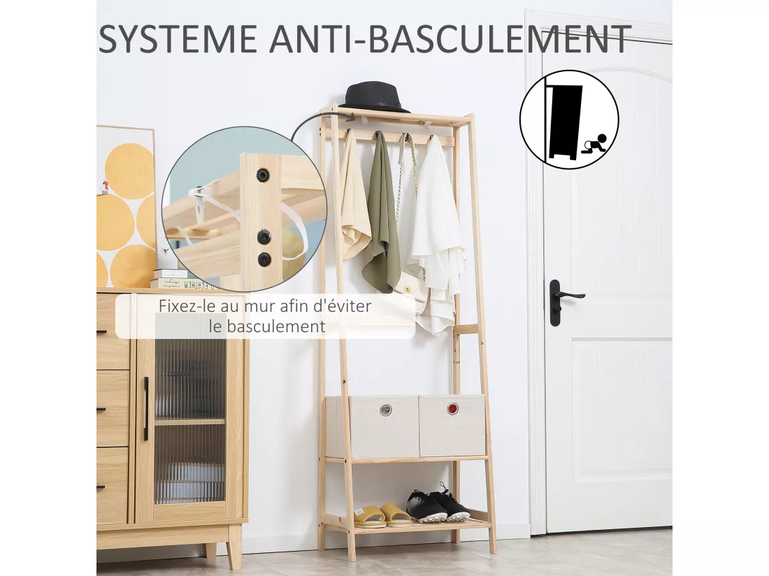 HOMCOM Vestiaire d'entrée porte-manteau 4 patères 2 tiroirs polyester gris clair 2 étagères bois de sapin
