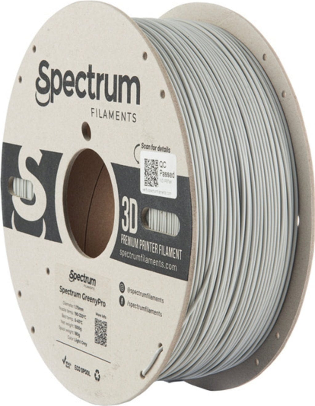 Spectrum  GreenyPro Light Grey, 1,75 mm / 1000 g    Bio-Performance-Filament mit hoher Temperaturbeständigkeit in Light Grey