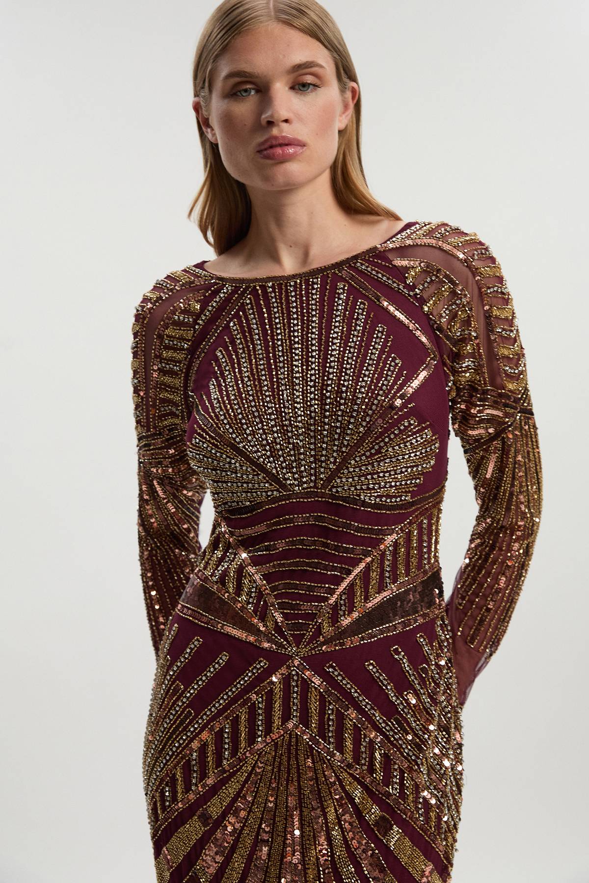 KarenMillen Robe Colonne Premium à Manches Longues Ornée de Cristaux Miroir Tissés