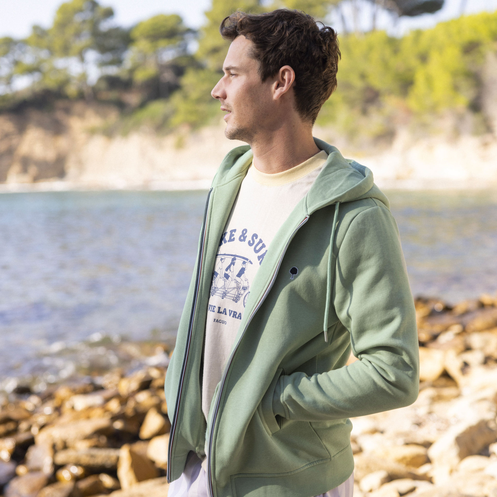 Sweat à capuche zippé vert clair Coton recyclé & polyester - modèle Mesnil