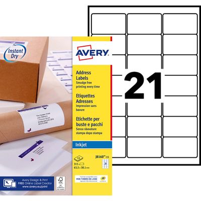 Avery - 315 Étiquettes adresse blanches - 38,1 x 63,5 mm - Impression jet d'encre - réf J8160-15