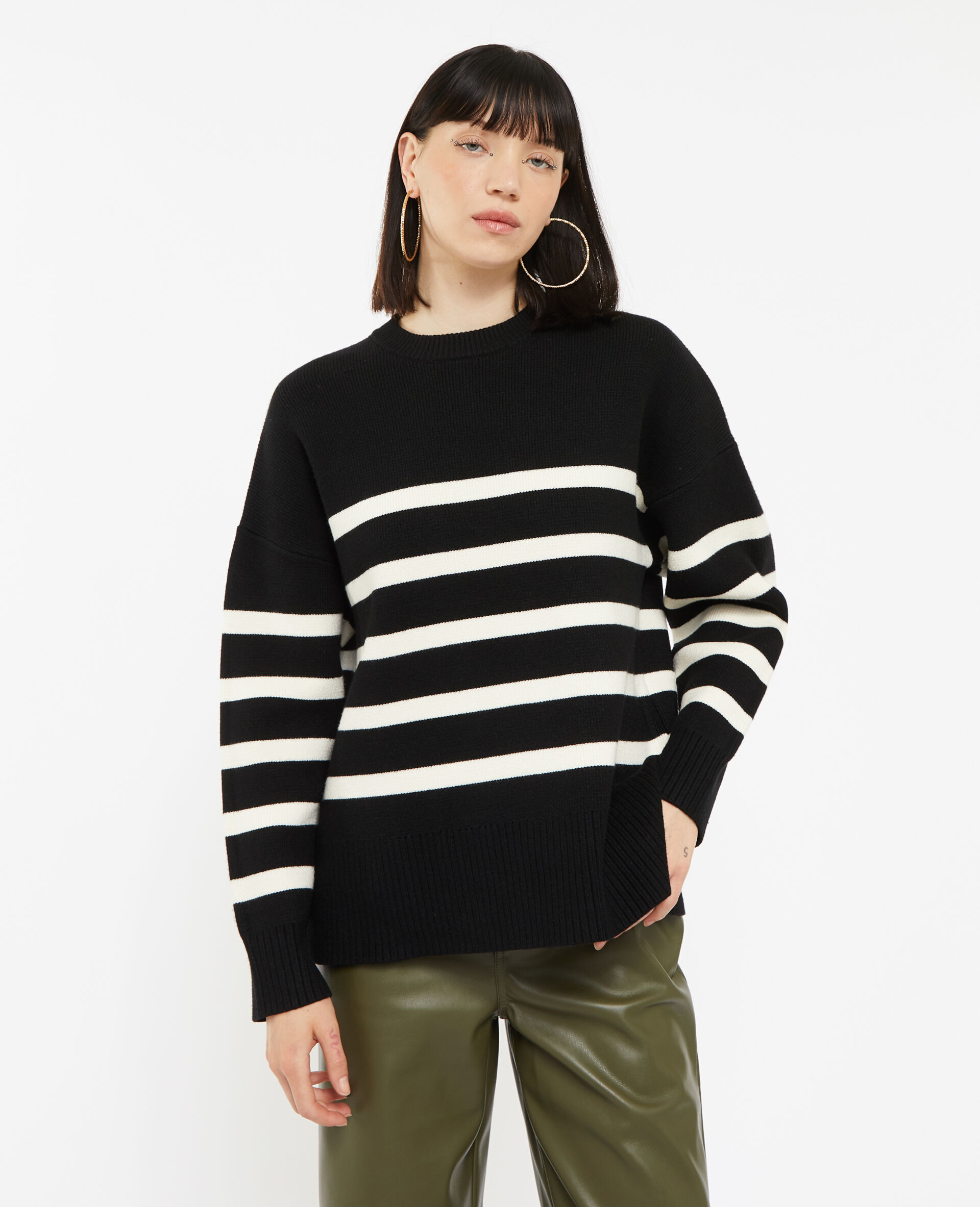 Pull rayé en maille épaisse - Noir