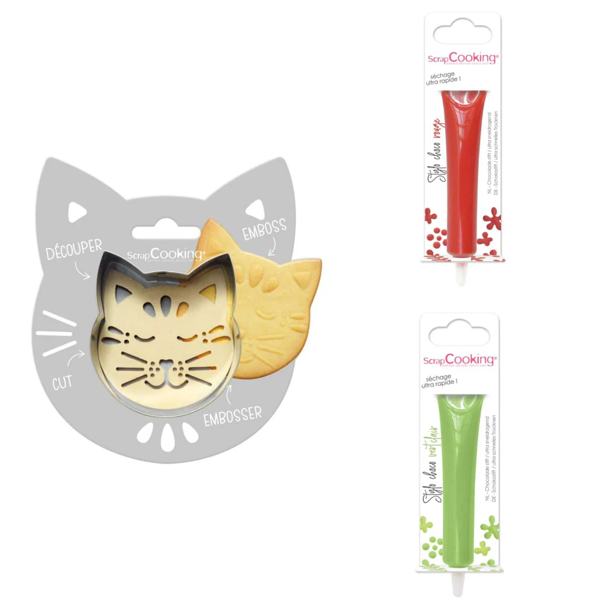Kit pour biscuit en relief Chat + 2 Stylos au chocolat rouge et vert c