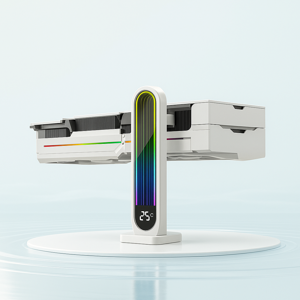 (3.5-15cm) Höhenverstellbare GPU-Halterung   ARGB-Infinity-Spiegel / Temperaturanzeige & 3-Pin-Anschluss / Anti-Durchhang-Stütze - Weiss