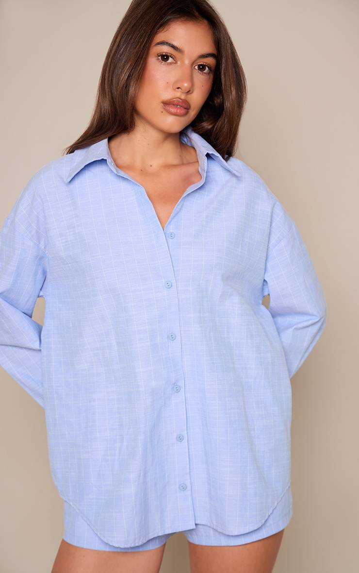 Bleu Ensemble Coordonné Chemise Rayée En Lin À Manches Longues