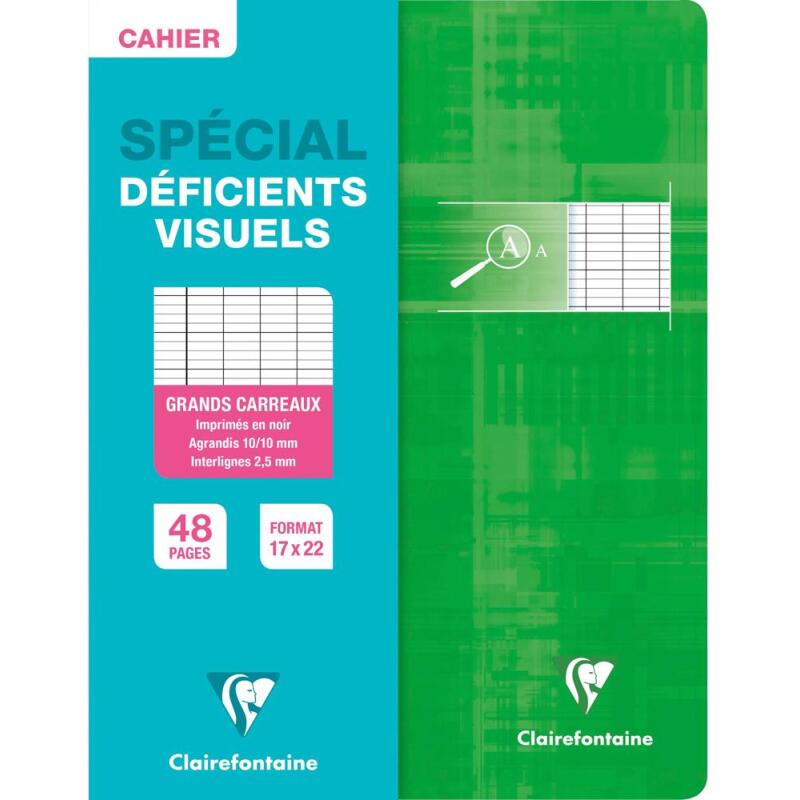 Cahier piqué déficients visuels 17x22 cm 48 pages grands carreaux 2 ,5mm agrandis 10x10 - Assortis