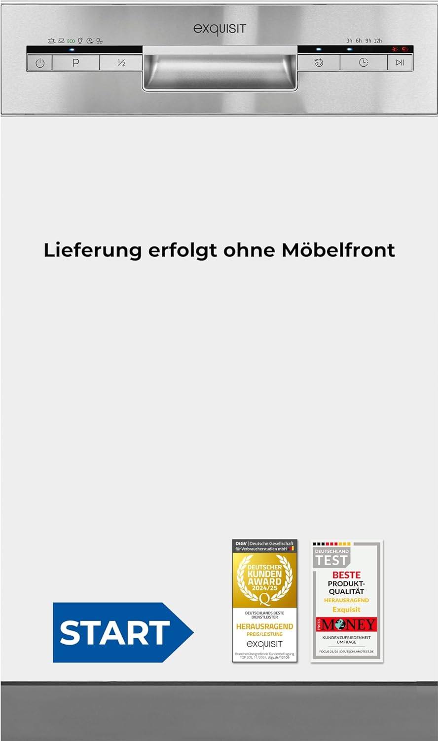 Exquisit START Einbaugeschirrspüler 45 cm, Teilintegriert, 9 Maßgedecke, 9 Liter, Startzeitvorwahl, ECO-Modus, EGSP51009-EB-030E inox
