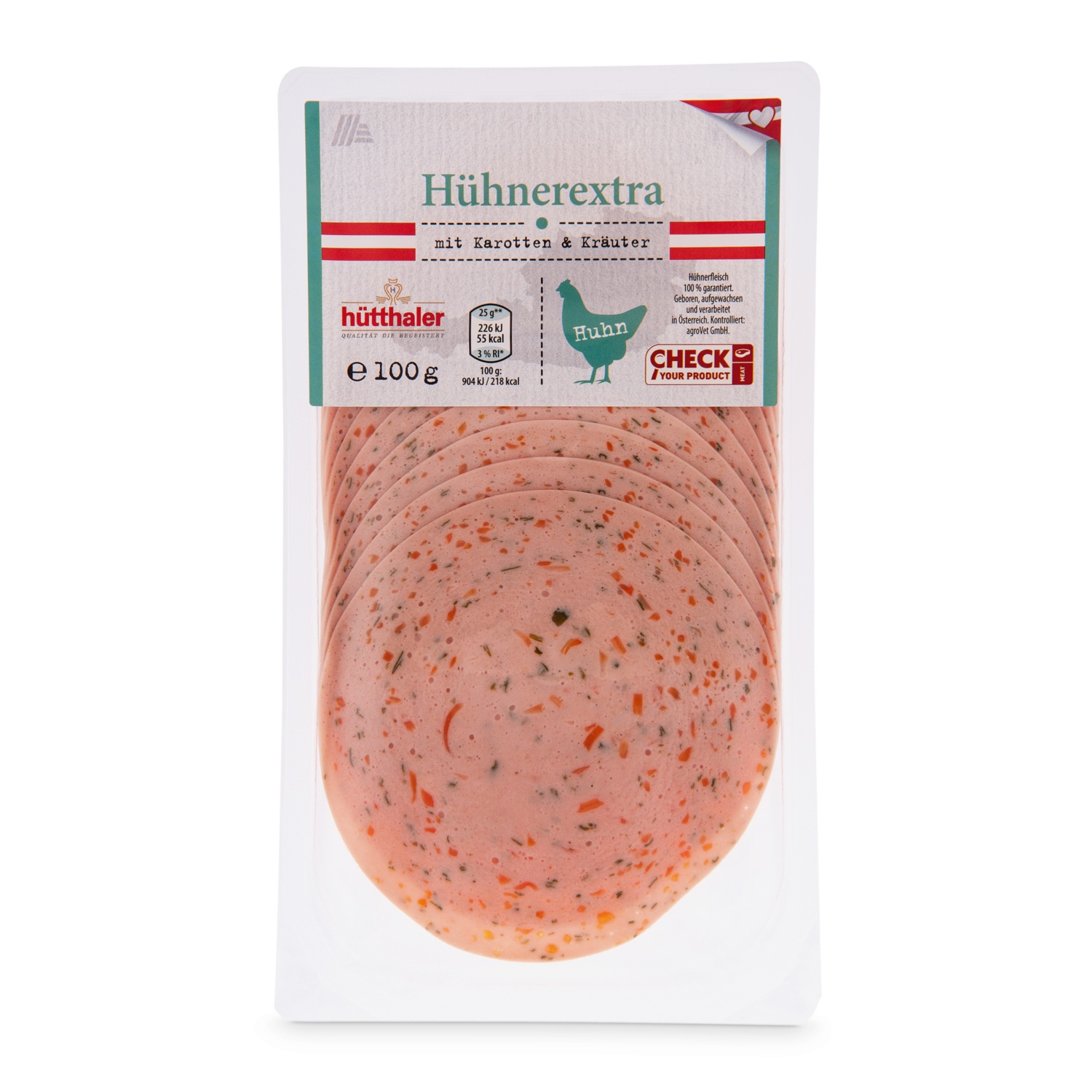 GENUSS 100% AUS ÖSTERREICH Hühner-Extrawurst, Karotte-Kräuter 100 g