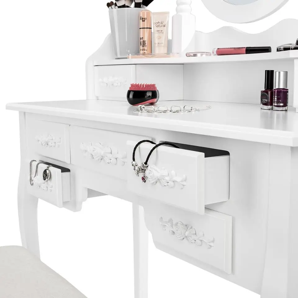 tectake Makeup-tafel met 7 lades, spiegel en hocker in antieke look, Wit