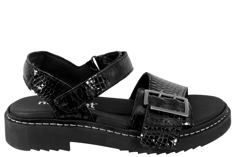 NEW FEET SANDAL I SORT SLANGEPRÆGET SKIND