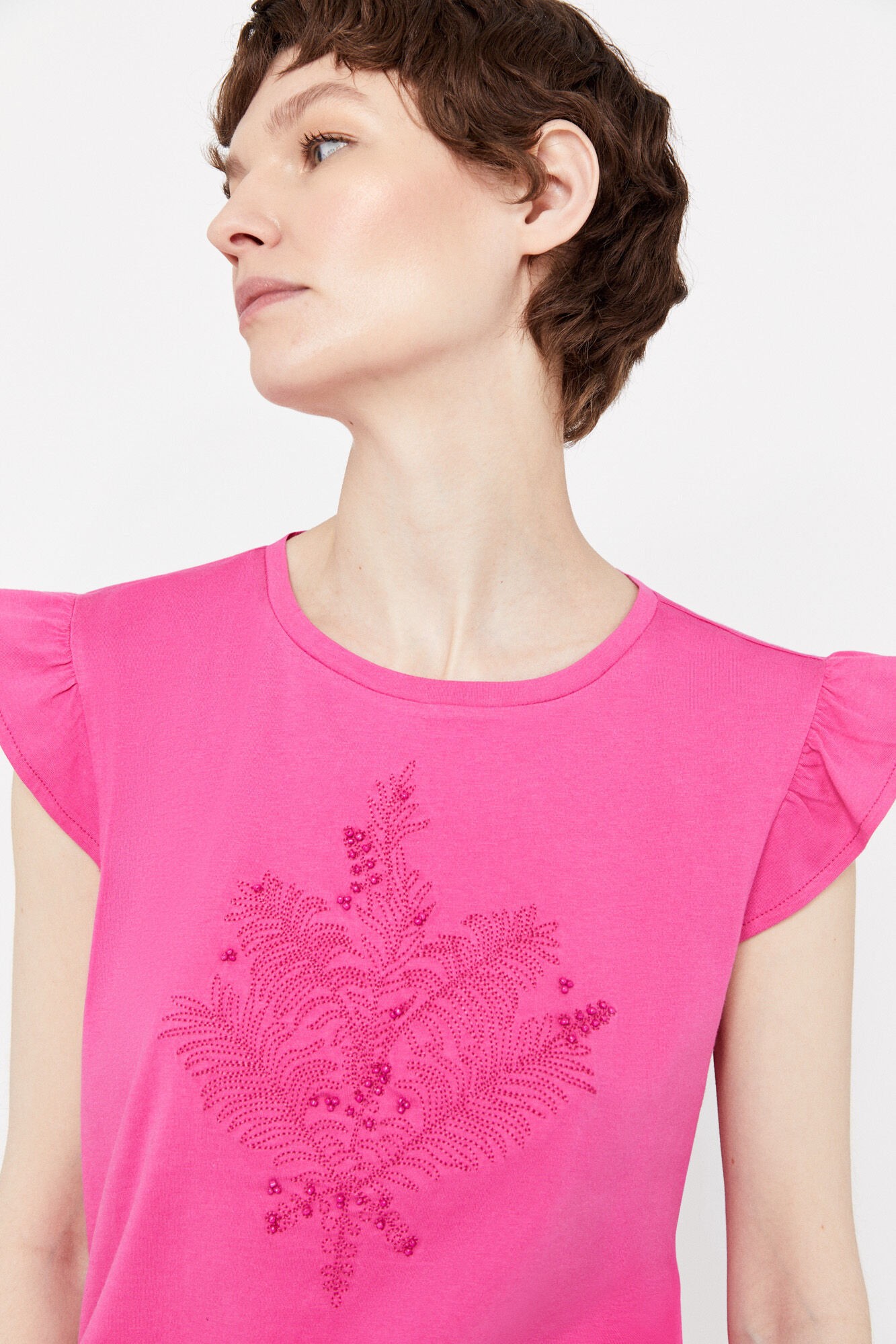 Camiseta com babados bordados - Fúcsia