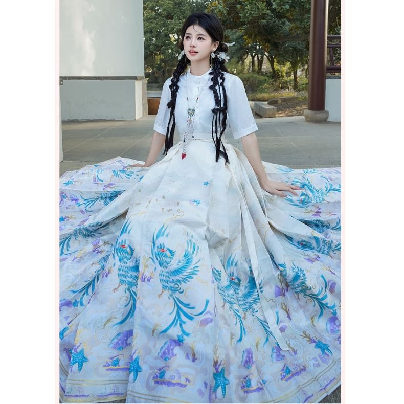 Fioridi - Hanfu-top met korte mouwen en knoopjes / Midi-rok met hoge taille en feniksprint