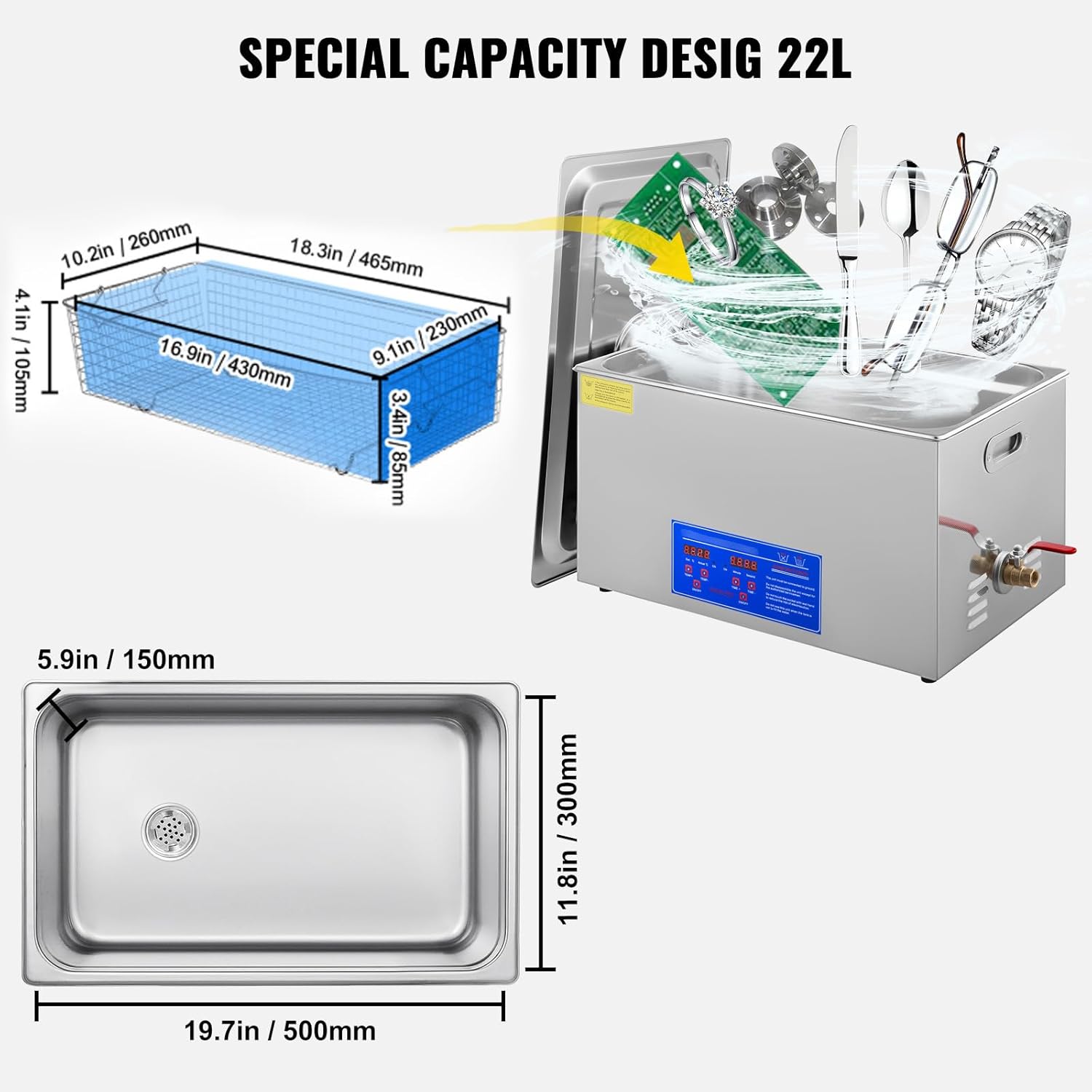 VEVOR JPS-80A Ultraschallreiniger 22L Reiniger Ultraschall Ultrasonic Cleaner Ultraschallreinigungsgerät Edelstahl mit Digitaler Anzeige für Schmuck Brillen und Zähne